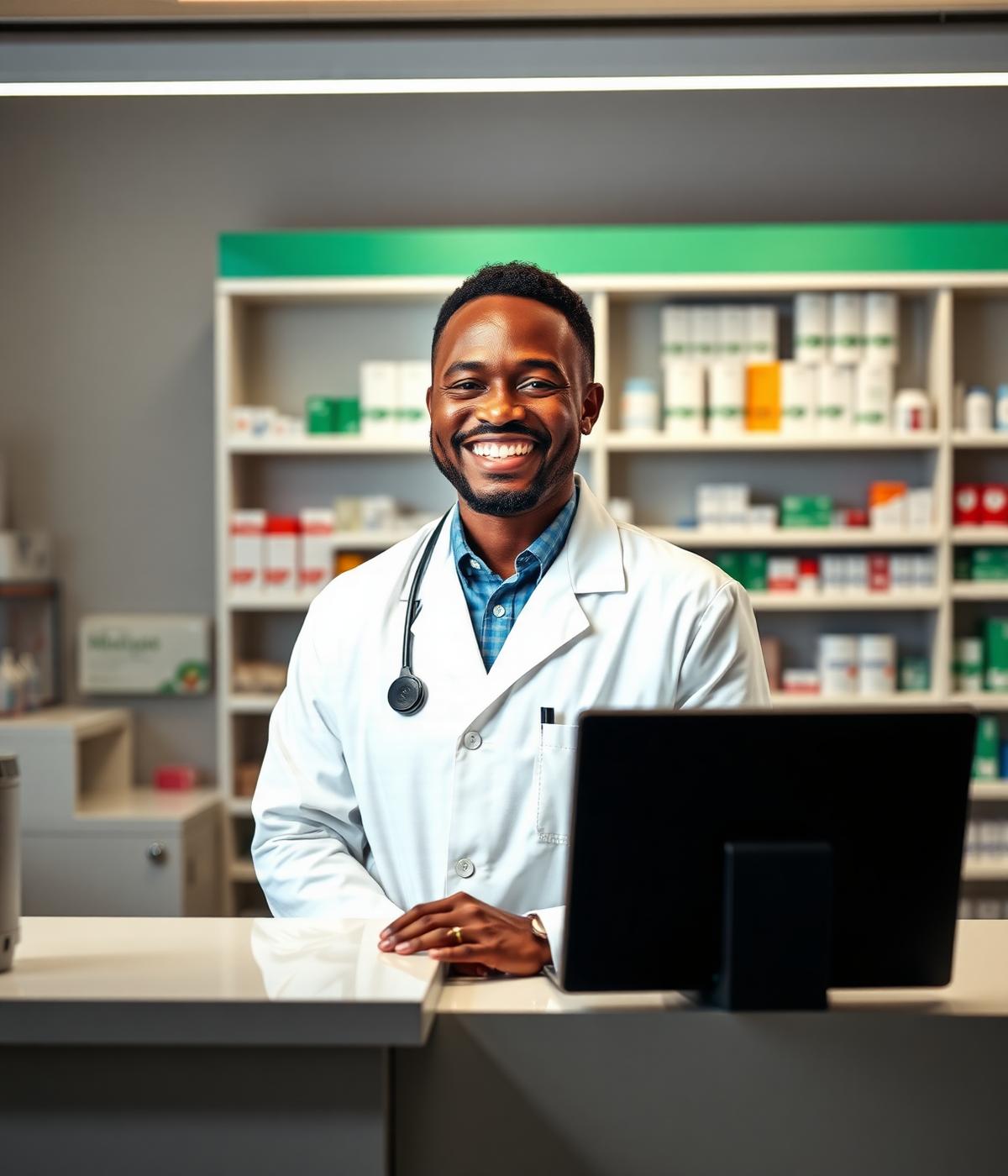 Pharmacien africain souriant derrière son comptoir